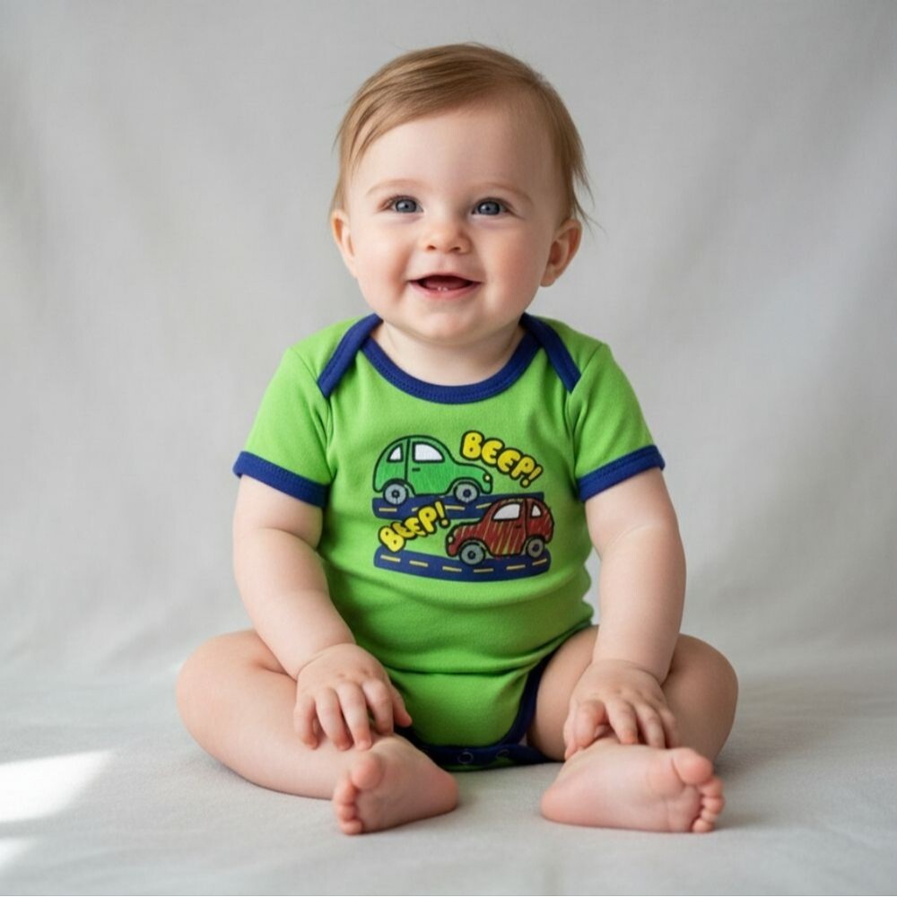Cambridge Baby Boy Green Car Graphic Short Sleeve Onesie Bodysuit Size 0-3M EUC